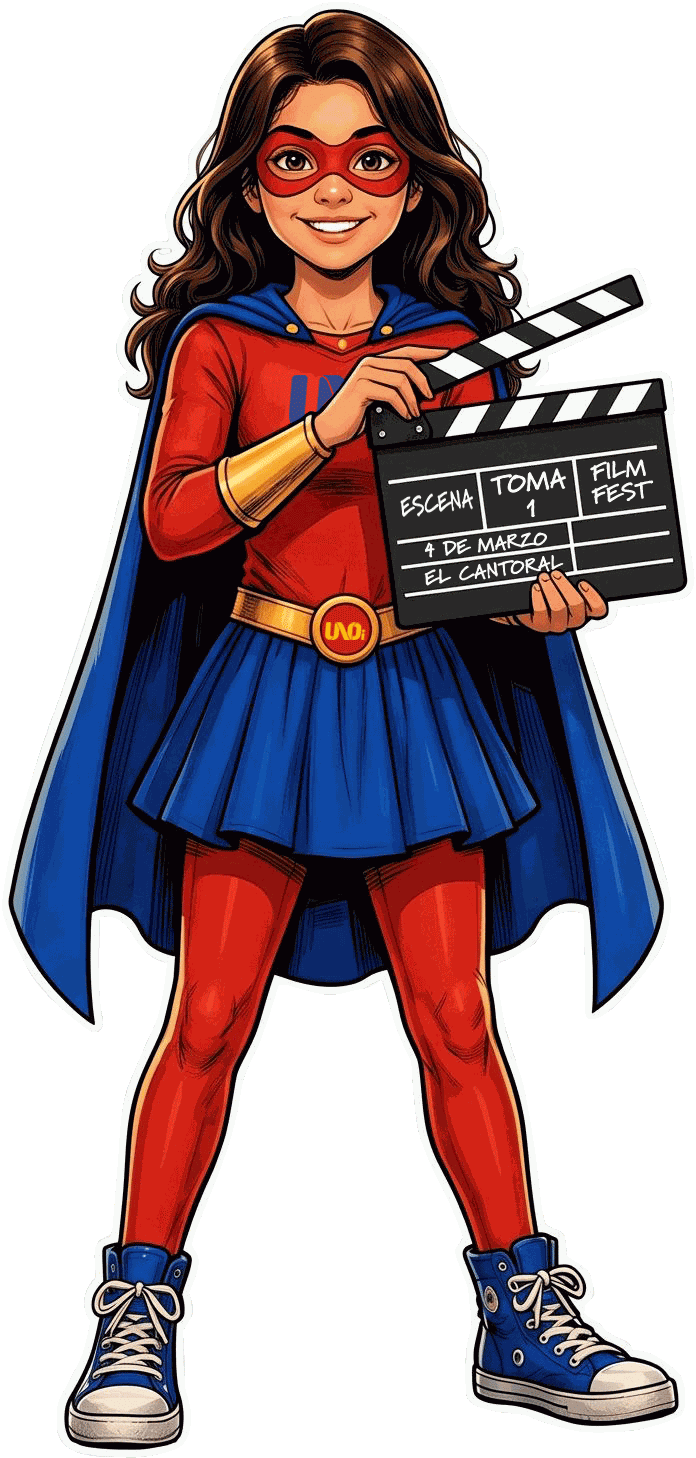 Superheroína UNOi con una claqueta de cine lista para grabar